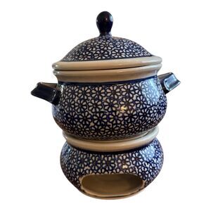 Polish Pottery Boleslawkiec Individual Soup Bowl w/Lid 12 oz & Matching Warmer